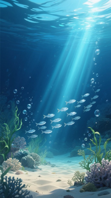 一幅梦幻唯美的海底世界插画，整体采用深蓝色调为主，搭配青色和浅蓝色的渐变，营造出神秘而宁静的氛围。画面中，阳光不再从水面上方直射，而是转变为从画面右侧斜下方照射的柔和光源，光线穿透海水形成一束束倾斜的光柱，在水中折射出斑斓的光晕效果。海底的细沙呈现出细腻的质感，上面覆盖着一些绿色的海草和形态各异的珊瑚礁。一群银色的小鱼正朝着光源的方向游动，它们的身体在光线下闪烁着微光。画面中还点缀着许多大小不……预览效果