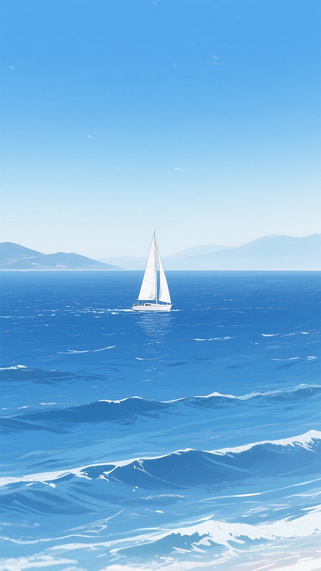 动漫风格插画，宁静致远的蓝色海洋，广阔无垠的海面泛着层层柔和的波浪，远处一艘白色帆船扬起风帆航行，背景是朦胧的远山轮廓，上方是渐变的清澈蓝天，整体色调以深浅不一的蓝色为主，光影柔和，营造出悠闲惬意的氛围，画面构图开阔，视觉焦点集中在海面上的帆船，展现出大海的浩瀚与自由。