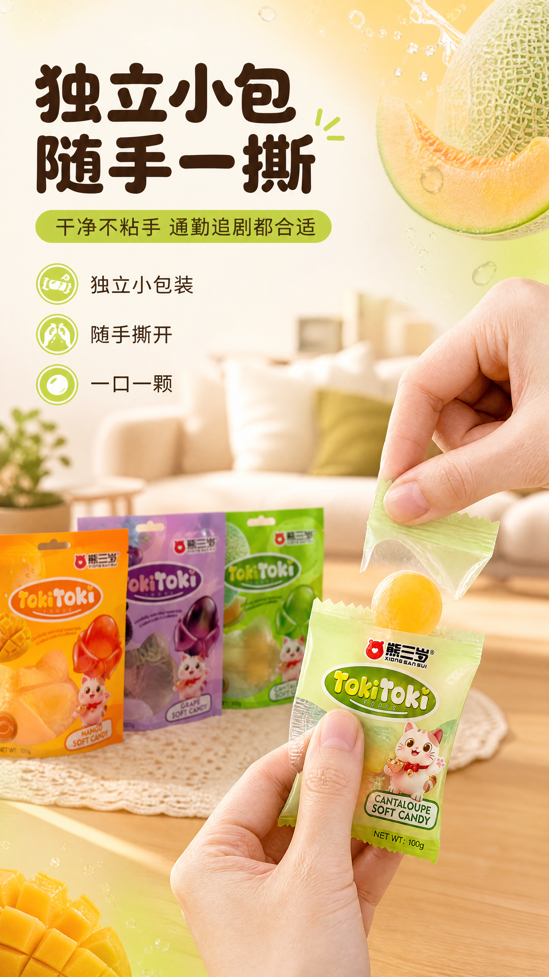 [商品] 使用【图2】手中的哈密瓜味包装袋展示形态、【图4】芒… - 图片创意预览