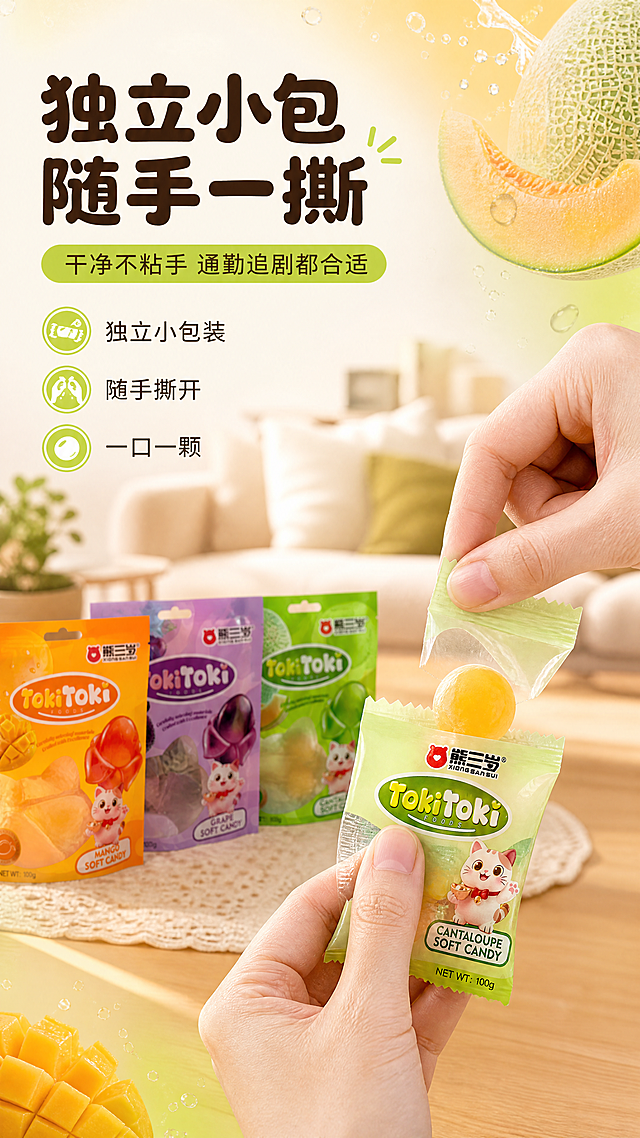 [商品] 使用【图2】手中的哈密瓜味包装袋展示形态、【图4】芒果味、【图7】葡萄味包装；完整保留袋型轮廓、TokiToki FOODS 椭圆标识、熊三岁红猫 Logo、猫咪插画与口味英文名、净含量文字；手部动作须自然，包装不被遮挡主体标识。
[画面] 目标：展示独立小包装的便携与食用动作；动作瞬间构图，亚洲女性手部正撕开一粒独立小包装并取出软糖，手部与产品同框占画面约60%，位于画面中偏右；桌面左侧放置三袋产品略微虚化，背景为明亮居家客厅沙发与暖光，形成前景手部与糖体、中景桌面产品、后景虚化场景三层层次；景别为中近景。
[视觉] 套系策略：风格=清新果感高饱和商业摄影；标题字=圆润粗黑体；正文字=圆体常规；主色=奶油白底+口味专色（芒果橙#FF8A1E／葡萄紫#7B4FA8／哈密瓜绿#7FC33A）；背景延展=奶油白到浅口味色渐变叠加细腻果肉纤维与水珠质感；强调色=明亮青柠绿#C7F04A，仅用于小面积胶囊标签与图标；标题色=深可可棕#4A2B12；正文色=暖棕灰#7A6A5C；组件=果冻感圆角胶囊标签、细白描边信息卡、口味色圆点；光影=侧前方暖柔光，手部肤质自然。
[文字] 左侧留白区横向主标题「独立小包 随手一撕」，下方横向副标题「干净不粘手 通勤追剧都合适」，再列三点信息「独立小包装」「随手撕开」「一口一颗」；全部横向排版，不遮挡手部动作与包装标识，不出现竖排或旋转文字。
[规格] 淘宝/天猫详情页，9:16竖版，4K；避免变形、多余手指、手部畸变、包装文字错乱、错别字、文字过小、竖排文字、条形码、二维码、水印、平台Logo、绝对化宣传、冷蓝或蓝灰背景成为主调。