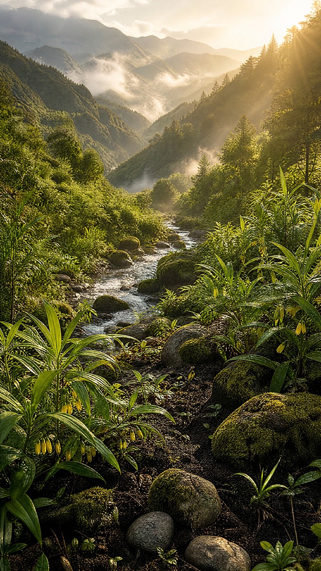 纯背景图，无产品无文字无人。高原深山自然风景，层层叠叠的山脉延伸向远方，山间有清澈的溪流穿过，溪边长满绿色的野生黄精植株和各种草本植物。阳光从右上方洒下，形成温暖的金色光晕，山间有薄雾缭绕。前景是湿润的黑色土壤和几块圆润的石头，石头上长着青苔。整体氛围自然纯净、生态原始，暖调自然光，9:16竖版构图，画面层次丰富，适合做详情页产地背景。