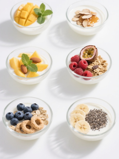 六个透明玻璃碗盛放的酸奶系列素材集合，每个碗中酸奶呈现细腻柔滑的质感和纯净乳白色，分别搭配不同组合的新鲜配料：第一碗铺满切片芒果与薄荷叶，第二碗撒满烤杏仁片与蜂蜜淋酱，第三碗混合覆盆子与全麦麦片，第四碗点缀烤椰片与百香果粒，第五碗堆放蓝莓与燕麦脆圈，第六碗铺陈香蕉片与奇亚籽。所有碗具在纯白色纯色背景上呈2×3网格规整排布，采用明亮柔和的顶光照明，形成清晰自然的投影，保持高清晰度的食品摄影风格，……预览效果