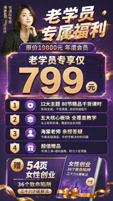 老学员专享促销竖版海报，9:16比例，突出799老学员专享价格和全部福利。左上角放置海棠老师人像，顶部写主标题"老学员专属福利"，中心位置放大突出价格"老学员专享仅799元"，上方标注划线原价"原价1预览效果