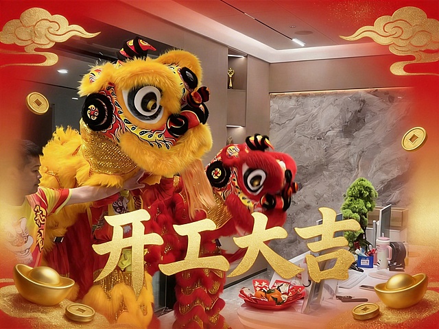 在画面边缘添加不遮挡背景的红金渐变效果，添加金色祥云、元宝、铜钱装饰，增强舞狮毛发的蓬松感和光泽度，添加烫金大字“开工大吉”