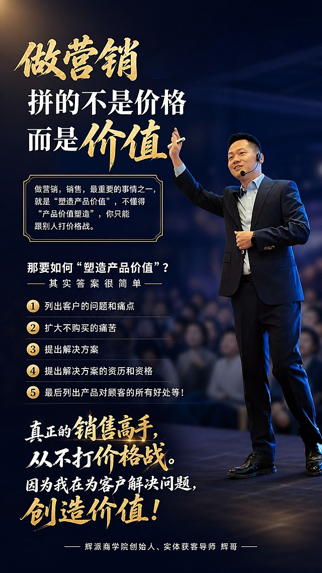 一张高端商务导师IP海报，9:16竖版，左文右图布局。画面右侧是一位穿深蓝色西装的亚洲男性讲师（辉哥），佩戴耳麦，手持翻页笔正在演讲，姿态专业有气场，人物从原图抠出保留完整形象。背景是虚化的会场听众人群，重度模糊营造现场感，整体背景为深藏蓝色渐变，左上角有微弱暖光。画面左侧从上到下排布文字：最上方是大字主标题'做营销 拼的不是价格 而是价值'，其中'做营销'和'价值'为金色书法字体，'拼的不是价格'为白色大字。下方是金边文本框，内有白色文字'做营销，销售，最重要的事情之一，就是"塑造产品价值"，不懂得"产品价值塑造"，你只能跟别人打价格战。'再往下是过渡文字'那要如何"塑造产品价值"？—— 其 实 答 案 很 简 单 ——'，白色加粗字体配金色分隔线。中部是5条干货列表：①列出客户的问题和痛点 ②扩大不购买的痛苦 ③提出解决方案 ④提出解决方案的资历和资格 ⑤最后列出产品对顾客的所有好处等！金色圆形序号配白色文字，竖向排列。底部是金句'真正的销售高手，从不打价格战。因为我在为客户解决问题，创造价值！'金色+白色混排书法字体。最底部落款'—— 辉派商学院创始人、实体获客导师 辉哥'白色小字居中。整体风格高端专业，沉稳大气，烫金色点缀，版式精美，2K高清画质。