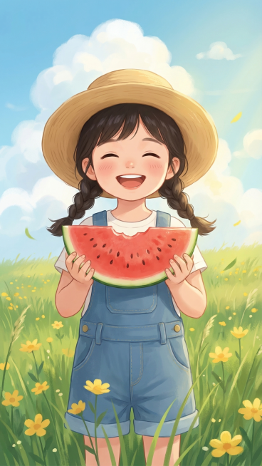 参考提供图片，生成一张女孩吃西瓜的治愈系插画，小女孩扎双麻花辫，穿着蓝色背带裤，戴着草帽，拿着一块咬过的西瓜，笑容灿烂开心，背景是户外夏日草地，色彩柔和细腻，整体风格温馨治愈，营造温馨快乐的夏日氛围预览效果