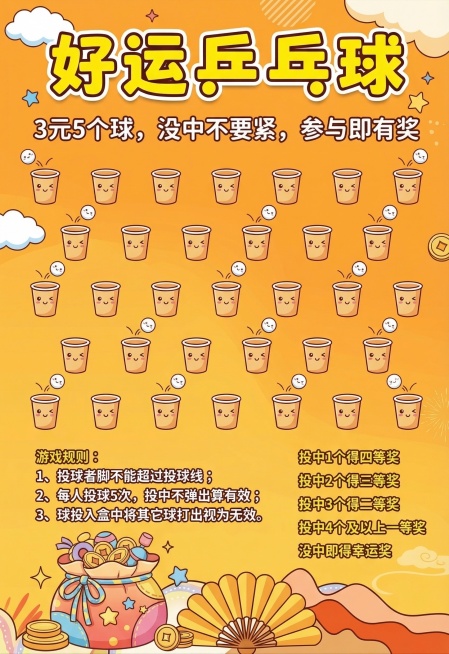 保持原有海报文案信息和布局不变，将这张好运乒乓球活动海报改造成童趣风格。字体改成圆润可爱的卡通字体，杯桶位置添加可爱卡通乒乓球元素，背景替换成明亮活泼的橙黄色渐变卡通风格，把底部福袋替换成可爱的卡通礼预览效果