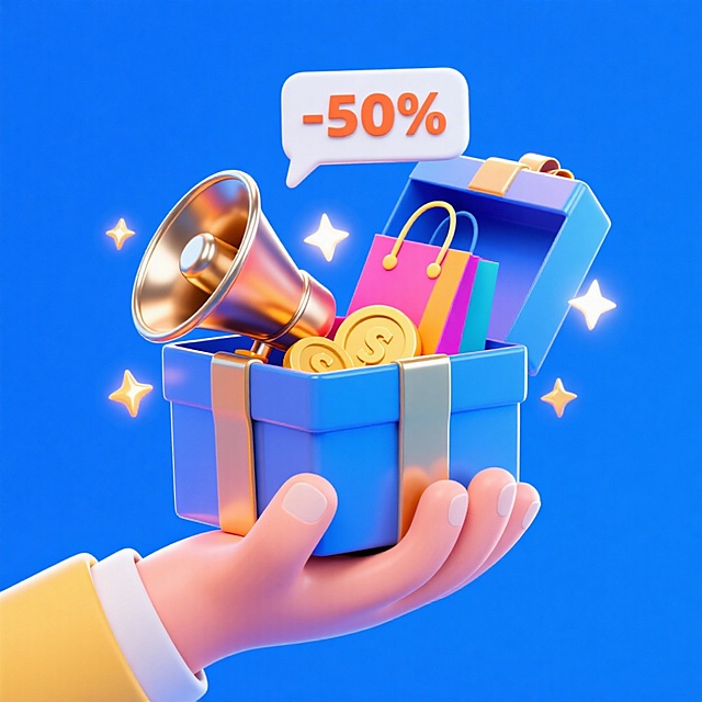画面中心是一只手托举着一个大大的礼盒，礼盒上有冒出一个对话框，里面写着“-50%”，礼盒里有喇叭、购物袋、金币。四周围绕着几个星星，蓝色背景。