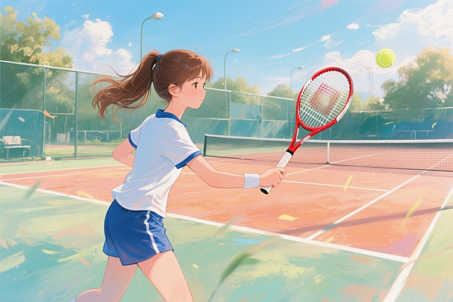 棕色长发扎马尾女孩正在打网球，身着蓝白色短袖短裤运动服，红色网球拍，带网的专业中小学生网球场，天气晴朗阳光正好，画面清新富有青春活力，整体氛围明媚，广角镜头展示，女孩打网球的动作标准且自然，画面细节清晰，无不符合现实的画面