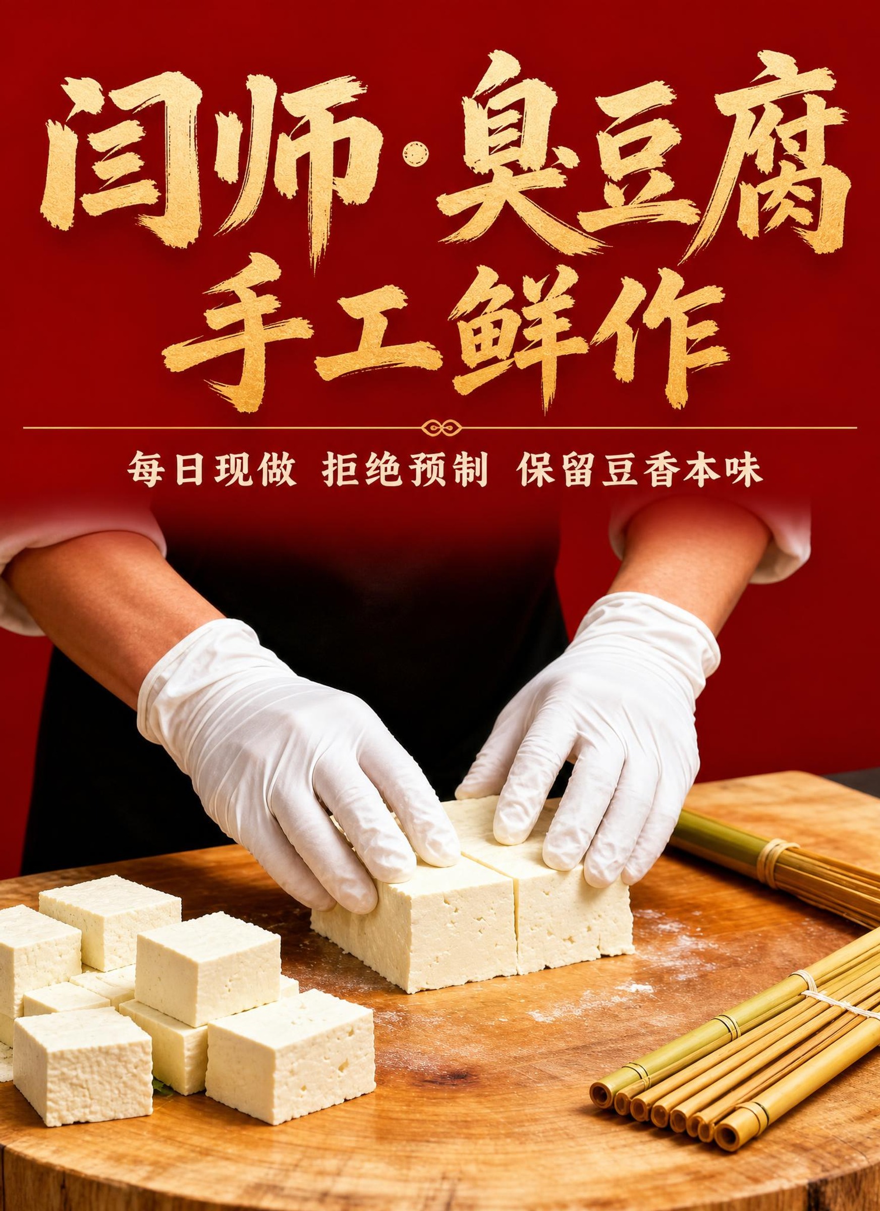 [主图-4] 手工鲜作主题，展示闫春生老师傅手工制作豆腐的场景… - 图片创意预览