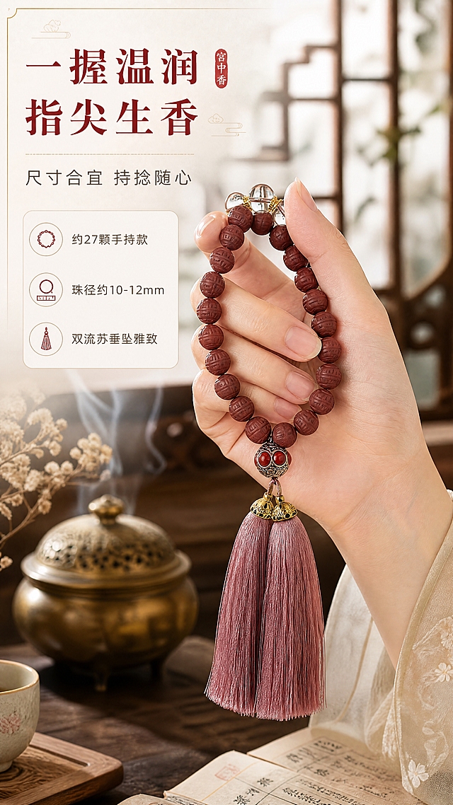 [商品] 使用【图1】宫中香药香珠手串；保留全部结构、颜色和材质；商品处理：自然持于手中，理顺流苏，增强珠体与金属质感，不改变结构和颜色。
[画面] 目标：手持效果页，展示手串佩戴/手持的真实尺寸与气质。构图：右侧亚洲女性手部（中式素净指甲）自然持握手串，流苏自然垂下；左侧留白放文案；背景为虚化的茶席与香炉青烟，点缀干花与古籍一角；前景手部与手串清晰，中景茶席器物，远景虚化窗格；主体（手+手串）占画面约50%。
[视觉] 套系策略：风格=明媚东方新中式商业摄影；标题字=宋体衬线粗体（古风雅致）；正文字=简洁无衬线体；主色=朱砂红+烟粉+米金+暖白；背景延展=基于暖米白做宣纸肌理、同色渐变与浅金描边层次；强调色=朱砂红，仅用于小面积图标、引线、标签和标题重点字；标题色=深朱砂红；正文色=暖棕灰；组件=圆角米白底信息卡、细金线引线、印章式小标签；光影=左前侧暖柔光，右侧补光，整体明亮通透。
[文字] 左上主标题「一握温润 指尖生香」，副标题「尺寸合宜 持捻随心」；下方3个短卖点：约27颗手持款｜珠径约10-12mm｜双流苏垂坠雅致；文字区左上分布，不遮挡手部与手串主体。
[规格] 图片比例9:16竖版，4K分辨率，负向提示：避免变形、错字、文字过小、冷蓝/冷灰背景、珠子颜色改变、手部夸张、欧美面孔、指甲颜色过艳。