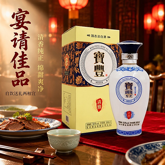 电商白酒主图第二张，中式宴席场景风格。画面中央偏右为宝丰清雅白酒瓶与酒盒，保持酒瓶和酒盒上的所有文字、图案、标识与原图完全一致，瓶身瓷白质感、蓝色花纹、深蓝色瓶盖均不变，酒盒浅黄色主体、深蓝色花纹装饰、宝丰大字、清雅红印均保持原样。产品摆放在中式实木餐桌上，桌面铺深酒红色丝绒桌布一角。周围搭配中式餐具：青花瓷盘、青瓷酒杯中盛有清澈白酒、一双红木筷子、一小碟精致下酒菜（如酱牛肉切片）。背景为虚化的中式餐厅包间，深红色木格窗、悬挂的红色灯笼虚化光斑，营造宴请聚会氛围。暖黄色主光从右上方打来，瓶身有明显高光，桌面有柔和倒影。左侧负空间竖排文字，主标题"宴请佳品"为深红色书法大字；下方横排小字"清香纯正 绵甜爽净"，金色细体；底部"自饮送礼两相宜"，深棕色小号字。整体氛围喜庆庄重、富有生活气息，商业摄影质感，产品真实清晰。商品主体占画面约65%。1:1正方形构图，文字清晰可读，不遮挡产品主体。