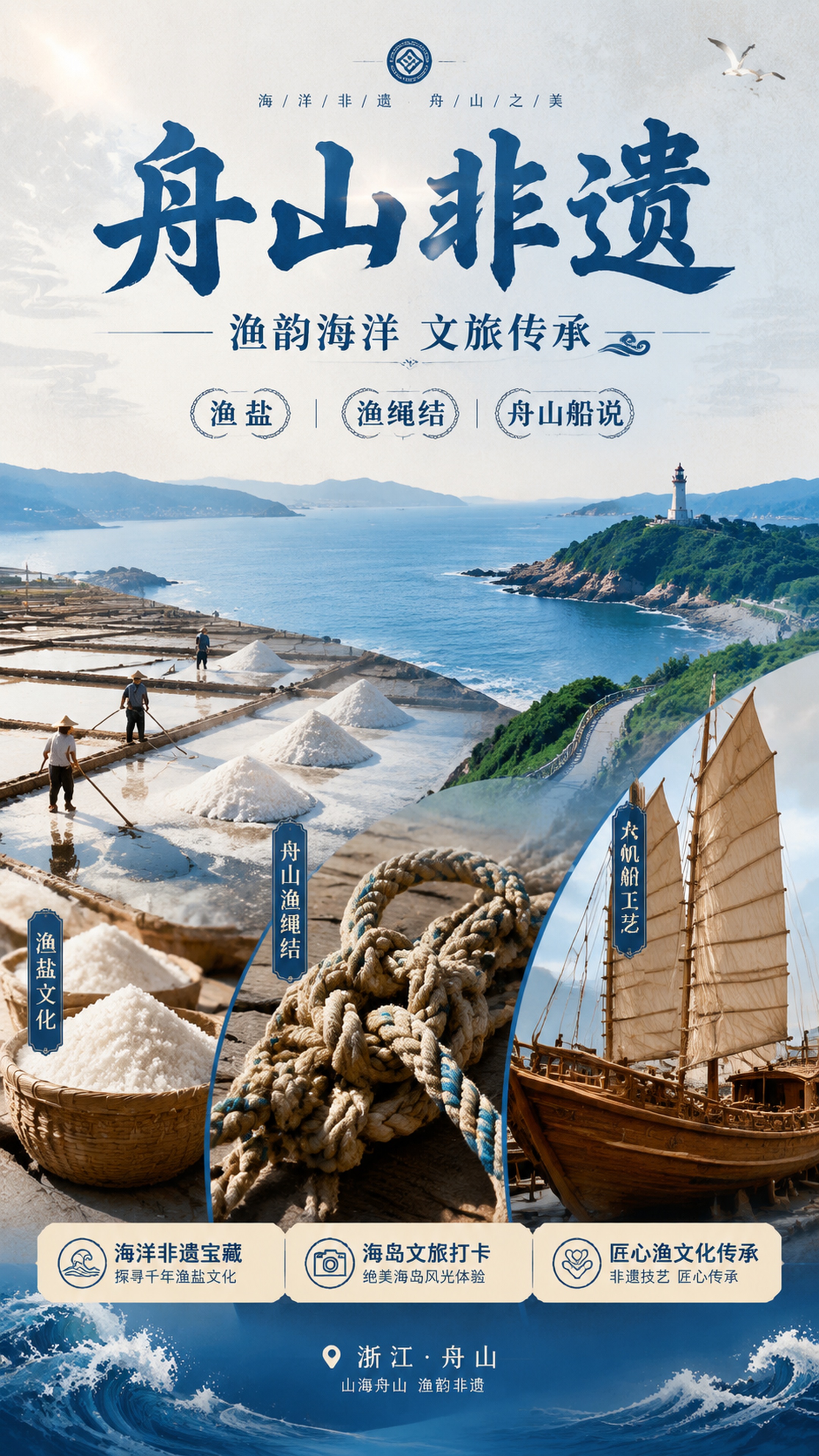 舟山非遗旅游宣传长海报，写实国风风格，画面以海洋蓝米白为主色调… - 图片创意预览