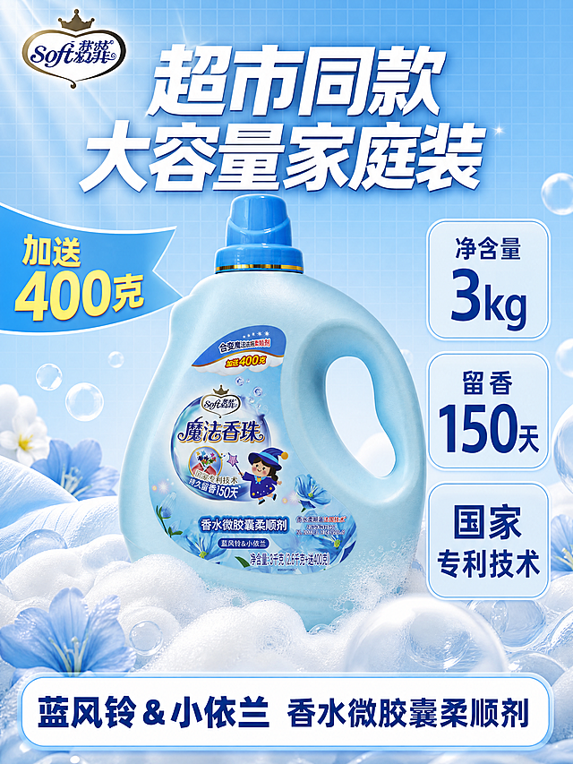 [单张主图] 魔法香珠香水微胶囊柔顺剂 爆款促销感主图，用于抖音电商平台，突出大包装囤货价值。
[画面主体] 保持魔法香珠柔顺剂产品外观、物理结构、材质质感、颜色、瓶身标签文字、品牌Logo与输入产品图绝对一致，杜绝任何变形和色差，精细化处理。产品主体竖直站立在画面中心，占画面55%比例，被浅色泡沫环绕衬托，完整清晰。
[构图版式] 使用蓝底斜置参数型版式，全画面高饱和浅蓝色背景搭配细网格纹理，产品中心竖直放置，右侧排列3组数据卡片，底部圆角白底通栏承接核心结论。
[场景元素] 背景使用渐变浅蓝色，搭配白色柔和气泡和衣物纤维元素，突出洗护产品洁净属性，所有装饰元素不遮挡瓶身和文字。左上角保留原品牌Logo，字形、颜色、比例保持不变。
[文案版式] 顶部超大白色主标题 "超市同款 大容量家庭装"，产品右侧三个竖排数据卡片依次写："净含量 3kg"、"留香 150天"、"国家专利技术"，每个卡片浅蓝色底深蓝色文字，干净清晰。底部圆角白色通栏写深蓝色核心文案 "蓝风铃&小依兰 香水微胶囊柔顺剂"。左侧添加浅蓝色斜条标签写 "加送400克"，黄色文字突出优惠信息。信息层级明确，主标题最大，数据次之，结论文字清晰。
[光影质感] 主光正面打亮产品，高光突出瓶身光滑塑料质感，阴影柔和落在底部，背景网格纹理轻透不抢主体，整体画面明亮通透，符合电商爆款视觉要求，商业摄影质感，超清细节。
[配色字体] 主色调浅蓝色，辅助色白色和深蓝色，强调色浅黄色标签，字体粗黑无衬线，对比清晰可读性强。
[比例分辨率] 3:4比例，4k分辨率，文字清晰可辨，超高清画质。
[负向提示词] 变形，水印，错字，糊字，伪Logo，主体遮挡，背景杂乱，低清晰度，错误结构，文字错乱，产品图模糊