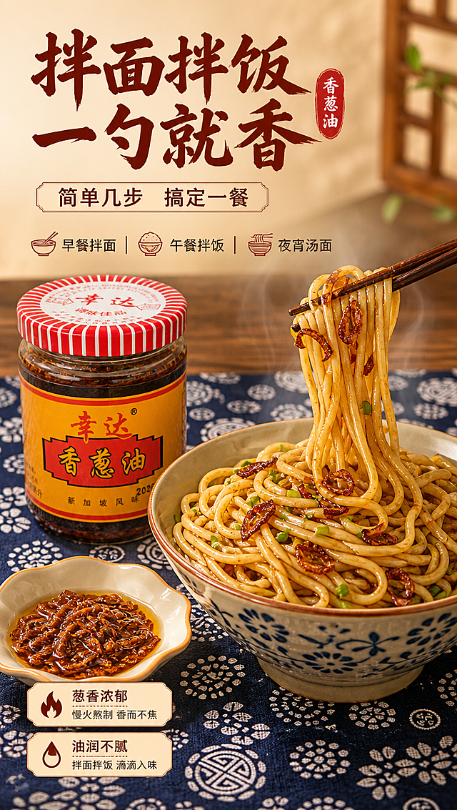 [商品] 使用【图3】香葱油产品+油酥碗组合；保留瓶身包装原貌、碗中油酥的颜色和质感。旁边搭配一碗刚拌好的香葱油拌面，面条根根分明、裹着金黄油亮的葱油，色泽诱人。
[画面] 场景种草·拌面拌饭页，单场景沉浸型。中式餐桌场景，蓝印花布桌布，一碗热气腾腾的香葱油拌面占据画面主体，占画面约50%，俯拍45度角。一双筷子正从碗中挑起面条，葱油挂在面条上，动作自然。旁边摆放【图3】中的香葱油瓶和小碟油酥。背景虚化，突出食物食欲感。上方留白放标题。
[视觉] 套系策略：风格=中式家常烟火气+现代电商精致商业摄影；标题字=中式书法感粗黑体（厚重有力）；正文字=简洁无衬线中黑体；主色=暖金黄+中国红（取自瓶身标签）；背景延展=暖米黄渐变+麻布/木纹质感，深浅层级过渡自然；强调色=深棕红，仅用于小面积图标、引线和标签点缀；标题色=深棕红；正文色=暖深灰；组件=圆角浅米信息卡、细红引线、中式印章式标签；光影=左前侧暖柔光，面条油亮有光泽，营造温暖家常氛围。
[文字] 上方主标题「拌面拌饭 一勺就香」，副标题「简单几步 搞定一餐」；配短句：「早餐拌面｜午餐拌饭｜夜宵汤面」。文字横向排版，不遮挡面条和产品主体。
[规格] 图片比例9:16竖版，4K分辨率，负向提示：避免变形、错字、文字过小、冷蓝背景、面条颜色暗淡、包装文字错乱。