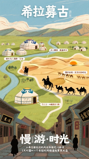 手绘风立体地形图，暖色调，字体偏大方便阅读。希拉穆仁区域有骑马者剪影，标注'骑马漫游·敖包祈福'；敕勒川区域是阴山脚下蒙古包群，标注'天似穹庐·笼盖四野'；响沙湾区域是金色沙丘起伏，驼队悠然前行，标注预览效果