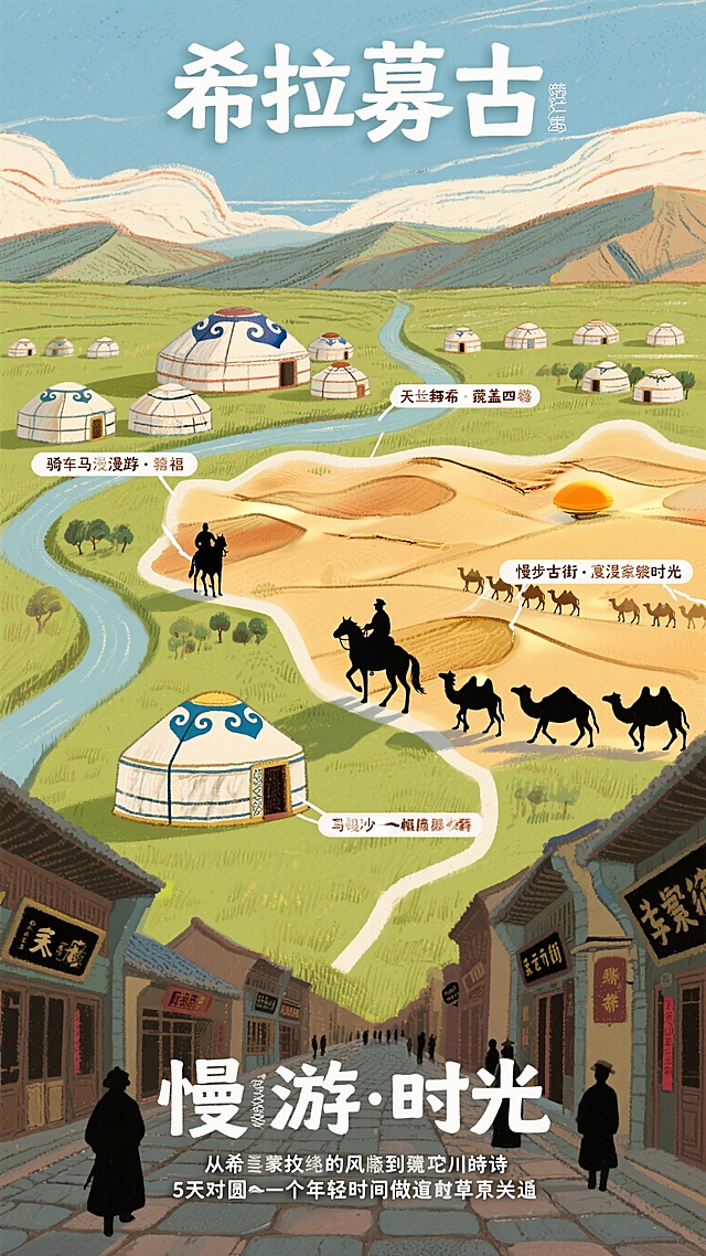 手绘风立体地形图，暖色调，字体偏大方便阅读。希拉穆仁区域有骑马者剪影，标注'骑马漫游·敖包祈福'；敕勒川区域是阴山脚下蒙古包群，标注'天似穹庐·笼盖四野'；响沙湾区域是金色沙丘起伏，驼队悠然前行，标注'骑骆驼·看日落'；塞上老街区域是青石板路延伸，两侧是老字号店铺剪影，标注'慢步老街·重温旧时光'。底部配有文案：'从希拉穆仁的风到敕勒川的诗，从响沙湾的金到塞上老街的烟火——5天时间，慢慢走，深深看，圆一个年轻时做过的草原梦。'，整体为双草原慢游·时光地图主题