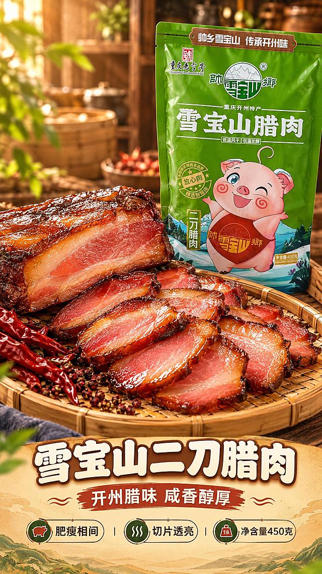抖音详情页首图（9:16竖版，中文，暖调食欲实拍）：上方满版食欲大图为垫竹篾的暖木托盘，盘上摆整块腊肉与斜切厚片，切片红亮半透、肥瘦分明，旁侧点缀干辣椒与花椒；包装袋斜立于右侧且保持正面可读，包装文字与原图一致（帅乡雪宝山 传承开州味／重庆开州特产／雪宝山腊肉／二刀腊肉／净含量450克）；产品主体占画面70%，前景竹篾、中景腊肉、后景暖木厨房三层。下方为暖米色渐变文字条：主标题“雪宝山二刀腊肉”，副标题“开州腊味 咸香醇厚”，三个信息点“肥瘦相间”“切片透亮”“净含量450克”。统一基调：风格=暖调食欲美食实拍；标题字=圆润中文粗黑体；正文字=简洁无衬线黑体；主色=暖木棕与自然深绿；标题字色=米白带轻描边；强调色=椒红仅用于小面积标签；光影=暖阳侧逆光带油润高光。仅横向排版，字号手机端可读，不遮挡产品与包装文字。避免：变形、错字、文字过小、竖排文字、包装文字被改写、二维码、水印、平台logo、绝对化用语。