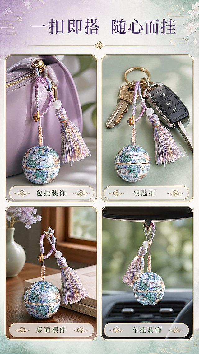 [商品] 使用【图1】国风万花款珐琅彩陶瓷球形分装罐挂件；保留球形陶瓷罐体、紫绿蓝渐变花卉珐琅彩图案、金色描边、渐变流苏挂绳、白色圆珠、编织挂扣等全部结构与颜色；商品处理：保留原有花纹与材质，增强陶瓷光泽与流苏质感，不改变产品结构。
[画面] 目标：多场景种草拼图，展示一扣即搭的百搭属性。构图：2x2四格拼图，分别展示①挂在包包拉链上的包挂效果②挂在钥匙圈上的钥匙扣效果③放在书桌上的摆件效果④挂在车内后视镜的装饰效果；每格场景独立但色调统一，产品在每格中清晰可见，占单格约40%。
[视觉] 套系策略：风格=国风雅致新中式商业摄影；标题字=清雅宋体衬线体；正文字=简洁无衬线体；主色=莫兰迪紫+青瓷绿；背景延展=基于紫绿调做深浅渐变、宣纸纹理与柔焦光晕；强调色=鎏金色，仅用于小面积图标、引线和装饰线条；标题色=深墨紫；正文色=灰褐绿；组件=圆角描金信息卡、细金线分隔、云纹装饰元素；光影=每格均为柔和自然光，陶瓷表面有自然高光。
[文字] 顶部通栏主标题「一扣即搭 随心而挂」，每格下方配小字标签「包挂装饰」「钥匙扣」「桌面摆件」「车挂装饰」，全部横排排版；文字不遮挡产品主体。
[规格] 图片比例9:16竖版，4K分辨率，负向提示：避免变形、错字、文字过小、产品结构改变、图案错乱、风格不统一、拼图割裂感。
