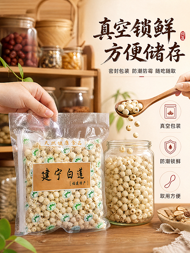 [商品] 使用【图1】袋装建宁白莲；保留包装外观与标签文字；产品置于画面左侧，占比约40%，正面展示。
[画面] 页面目标：手部操作展示，真实舀取与储存动作。左侧袋装白莲立放，袋口被一只手轻轻捏住展示封口设计；右侧一只手正用木勺从玻璃罐中舀出干莲子，莲子颗粒从勺边滑落形成动态瞬间；玻璃罐中装满白莲子，罐身有质感；背景是厨房置物架，摆放着其他杂粮罐与干货；桌面有木质纹理。前中后三层：前景手部+勺子动作、中景产品+玻璃罐、后景虚化置物架。
[视觉] 套系策略：风格=自然田园国风商业摄影；标题字=粗笔刷国风书法字，带轻微飞白墨迹；正文字=清爽黑体；主色=荷塘翠绿+暖金；背景延展=基于暖木色+米白做深浅层级、同色渐变和木纹/织物肌理；强调色=朱红，仅用于小面积印章、图标和引线；标题色=深棕色；正文色=中暖灰；组件=圆角浅底信息卡、细线引线、朱红印章；光影=厨房暖光+柔和侧光。
[文字] 右上主标题大字"真空锁鲜 方便储存"，副标题"密封包装 防潮防霉 随吃随取"；下方三个品质点用图标+文字竖排：「真空包装」配包装袋图标、「防潮锁鲜」配盾牌图标、「取用方便」配勺子图标；文字放在右侧负空间不遮挡手部动作。
[规格] 比例3:4竖版，4K，避免变形、错字、文字过小、冷蓝/蓝灰背景、产品颜色改变、极限词、手部畸形、手指异常。