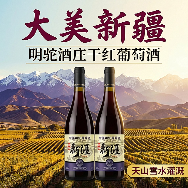 [主图 1] 明驼酒庄大美新疆干红葡萄酒首图，双瓶展示，多字体设计
[氛围/风格] 新颖高端，色彩丰富，新疆天山产地氛围感，新颖设计感强
[画面元素] 两瓶干红葡萄酒错位并排居中展示，保持产品外观与原图完全一致，背景融入层叠的天山山脉和金色葡萄园远景，自然暖阳逆光，光影层次丰富，全屏无边框设计
[配色色系] 主色调：深紫红、浅蓝、金色、橄榄绿，色彩搭配丰富明快
[视角构图] 平视，双瓶主体居中，景深适中，错落有致
[文字版式] 主标题："大美新疆"，使用书法粗体大字，深红色；副标题："明驼酒庄干红葡萄酒"，使用细黑体金色；右下彩色标签："天山雪水灌溉"，黄色底红字。多种字体字号色彩搭配，错落排版，均不遮挡产品主体，对比清晰。
[比例分辨率] 1:1比例，2k分辨率。保持产品外观与用户上传原图完全一致。