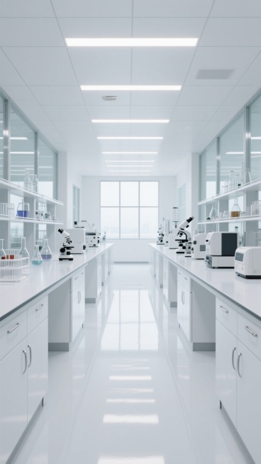 超现实主义风格的现代实验室内部场景，以纯净的白色为主色调，搭配浅灰色的金属框架和玻璃隔断，营造出极度干净、规整、无菌的氛围。天花板采用白色方形扣板设计，内嵌多排明亮的线性LED灯带，光线均匀柔和地洒落在整个空间，地面为光滑如镜的白色环氧树脂材质，清晰地反射出天花板和设备的光影。实验室中央是宽敞的通道，两侧整齐排列着白色的实验台，台面光滑洁净，下方配有带金属拉手的白色柜门。实验台上和后方的白色金……预览效果