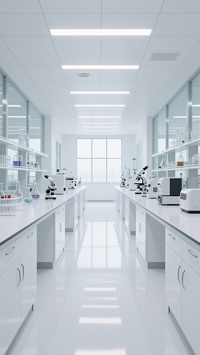 超现实主义风格的现代实验室内部场景，以纯净的白色为主色调，搭配浅灰色的金属框架和玻璃隔断，营造出极度干净、规整、无菌的氛围。天花板采用白色方形扣板设计，内嵌多排明亮的线性LED灯带，光线均匀柔和地洒落在整个空间，地面为光滑如镜的白色环氧树脂材质，清晰地反射出天花板和设备的光影。实验室中央是宽敞的通道，两侧整齐排列着白色的实验台，台面光滑洁净，下方配有带金属拉手的白色柜门。实验台上和后方的白色金属架上有序摆放着各种现代化的实验室设备，包括烧杯、试管架、显微镜、离心机和分析仪器等，所有物品均摆放得一丝不苟。远处的背景墙上有大面积的玻璃窗，透进柔和的自然光，进一步增强了空间的明亮感和通透感。整体构图采用对称式布局，视觉引导线从前景地面延伸至远处的窗口，形成强烈的纵深感和空间感。画面中没有任何多余的装饰和杂物，信息传达简洁高效，整体设计极具现代感和科技感，非常适合作为需要体现专业、严谨、纯净氛围的背景图像。