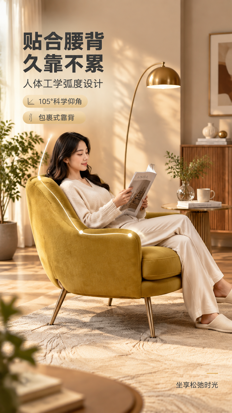 [商品] 使用【图1】芥末黄色绒布单人休闲沙发椅；保留靠背弧度… - 图片创意预览