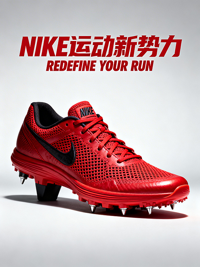 重新生成以红色NIKE运动鞋为主体的海报，层级清晰，突出鞋子运动质感与品牌属性，添加丰富细节，画面高级有宣传感