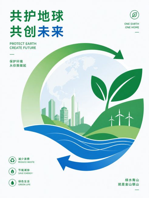 环保主题海报，画面包含创意图形线条设计，风格简约现代，具有强烈的视觉冲击力，构图简洁易懂，用清晰的图形语言表达环保理念，色彩简洁和谐预览效果