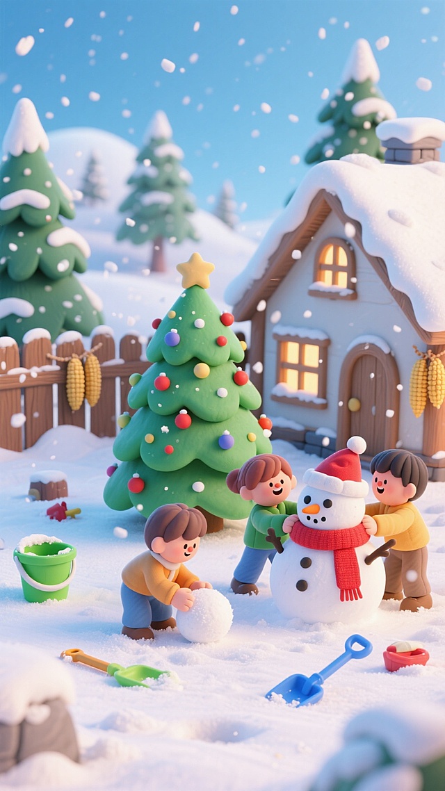 背景是积雪覆盖的乡村小屋，旁边有一棵装饰着圣诞饰品的圣诞树，雪地中有三个孩子，一个在滚雪球，两个在堆雪人，雪人造型可爱，戴着圣诞帽、红围巾，旁边有绿色水桶、蓝色铲子等玩雪工具，远处有松树、木栅栏、挂着的玉米串，雪花漫天飘落。