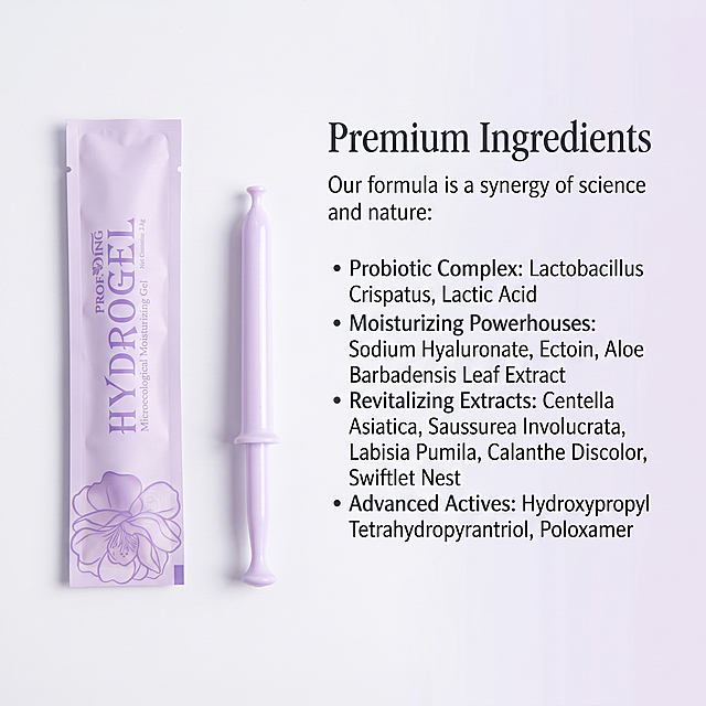 1:1 square product introduction image for PROFH.DING Hydrogel Microecological Moisturizing Gel, white and light purple color tone, minimalist high-end aesthetic, the product is placed in the image, display the full text of ingredients: "Premium Ingredients Our formula is a synergy of science and nature: •	Probiotic Complex: Lactobacillus Crispatus, Lactic Acid •	Moisturizing Powerhouses: Sodium Hyaluronate, Ectoin, Aloe Barbadensis Leaf Extract •	Revitalizing Extracts: Centella Asiatica, Saussurea Involucrata, Labisia Pumila, Calanthe Discolor, Swiftlet Nest •	Advanced Actives: Hydroxypropyl Tetrahydropyrantriol, Poloxamer", no Chinese characters, do not change the text, clean layout, soft lighting, high-end packaging display. It is an ingredients introduction poster.