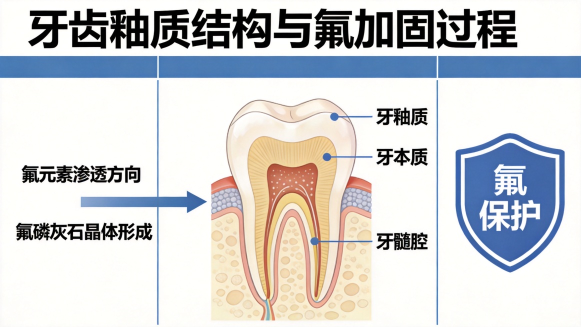 牙齿釉质结构科学示意图，清晰展示牙齿剖面层次，用箭头标注氟元素加固牙釉质的过程，示意图侧边放置一个防护盾牌图标，整体风格简约专业、易理解预览效果