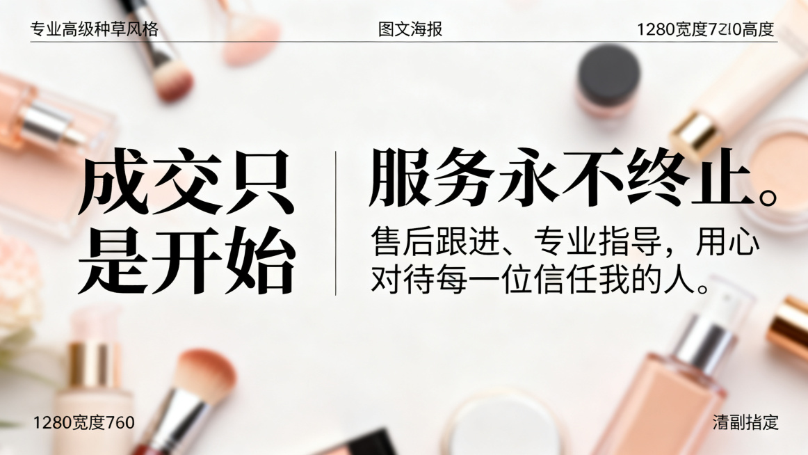 生成一张图文海报，1280宽度720高度，左右排版，主副标题分明，左侧主标题"成交只是开始"，右侧副标题"服务永不终止。售后跟进、专业指导，用心对待每一位信任我的人。"，使用清晰黑体，不要行书楷体，背预览效果