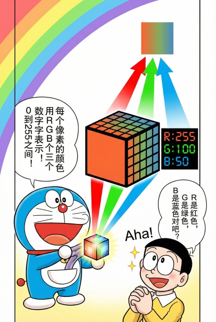 画风格，竖屏2:3比例，中文文字。

  场景：哆啦A梦展示一个放大的像素点，分解成红绿蓝三种颜色的光。

  角色：
  - 哆啦A梦：从口袋掏出一个发光的像素方块，方块分解成红、绿、蓝三束光预览效果