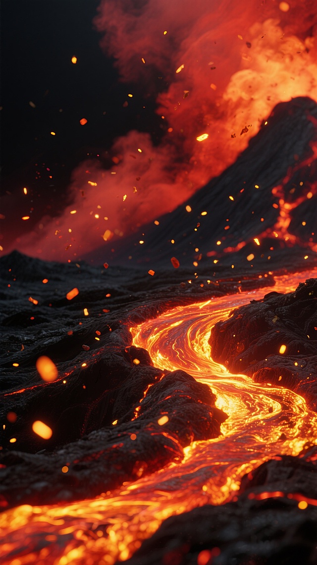 超写实风格的火山熔岩背景，以深邃的黑色为基底，炽热的橙红色熔岩如流动的火焰般在画面右下角翻腾，表面呈现出明亮的金黄色高光，大量橙红色和金黄色的熔岩火花与飞溅的颗粒轻盈地散布在整个画面中，形成梦幻般的光斑效果，光影对比强烈，暗红色的烟雾在背景中弥漫，营造出神秘而震撼的炽热氛围，整体构图具有强烈的视觉冲击力和动态感，色彩和谐统一，细节丰富，展现出火山熔岩喷发时的壮观景象。
