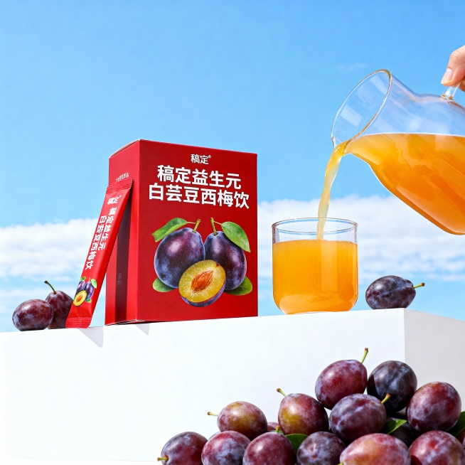 商品商业宣传图，低角度仰视视角，展示益生元白芸豆西梅饮产品：左边红色独立小包装依靠在红色包装盒上，包装盒的右侧有一杯正在倒入橙黄色西梅饮品的透明玻璃杯，独立小包装和红色包装盒和玻璃杯置于白色展台上，展预览效果