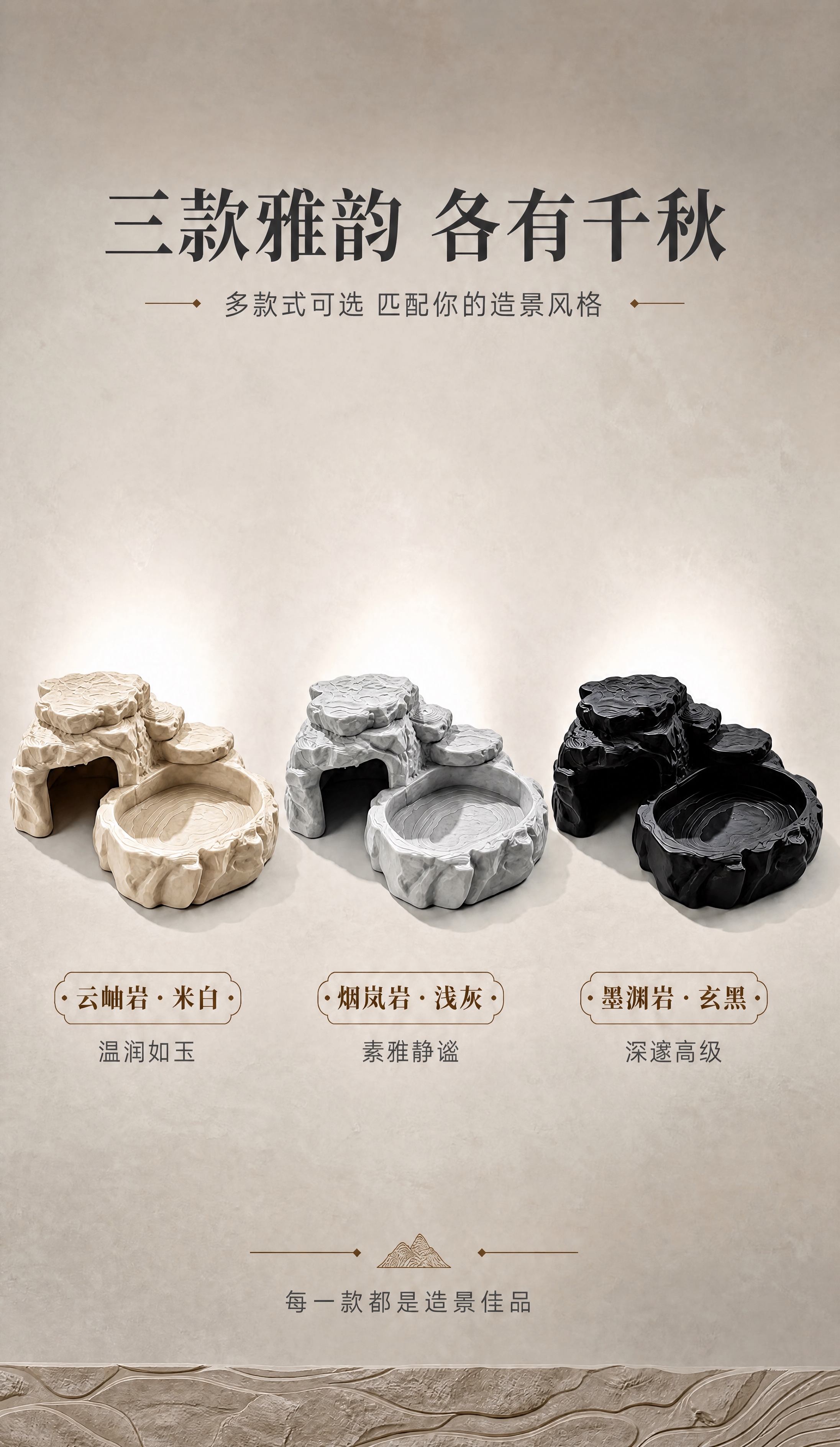 增强图中三款产品（云岫岩·米白、烟岚岩·浅灰、墨渊岩·玄黑）顶… - 图片创意预览
