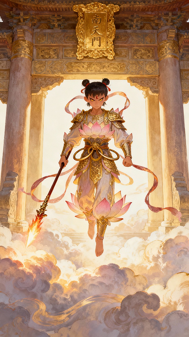 帮我生成图片：帮我生成图片：中近景
画面内容，哪吒身着莲花战甲，脚踩风火轮悬浮于南天门前方云海之上，战甲在霞光下泛着淡粉金光，乾坤圈斜挂于腰间，混天绫垂落两侧，火尖枪握于右手，枪尖隐隐有火光跳动
背景，哪吒处于南天门正前方核心位置，背景为清晰的南天门立柱与鎏金匾额，云海在其身下流转
人物站位，哪吒直立悬浮，身躯微微前倾，头部微侧扫视下方，眼神锐利威严，四张图片，3D真人画风，4K
，比例 「9:16」