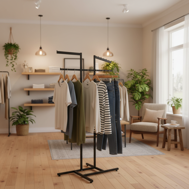 这是一个四杆服装架 放在服装店里展示服装 生成两张1600*1600的场景图片预览效果