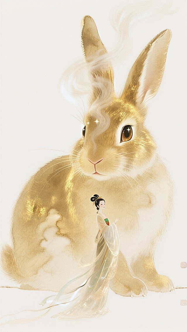 一个巨大的兔子眼睛看着下方的嫦娥（全身），烟雾遮挡露出朦胧的兔头，兔子眼睛有星光效果，浑身金色发光拉丝效果，光细腻如发丝，大面积留白，概念视觉，朦胧，梦幻，对称构图，极致的大小对比，金色调