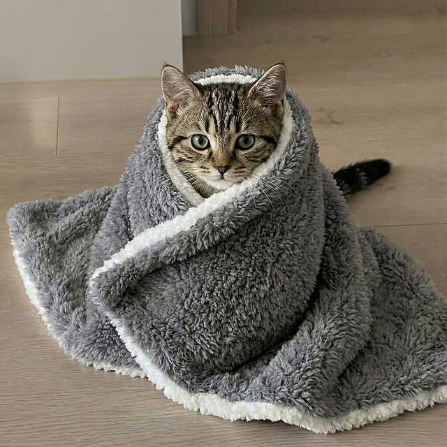 背景更改为浅色调家居地面，猫咪和毛毯不变