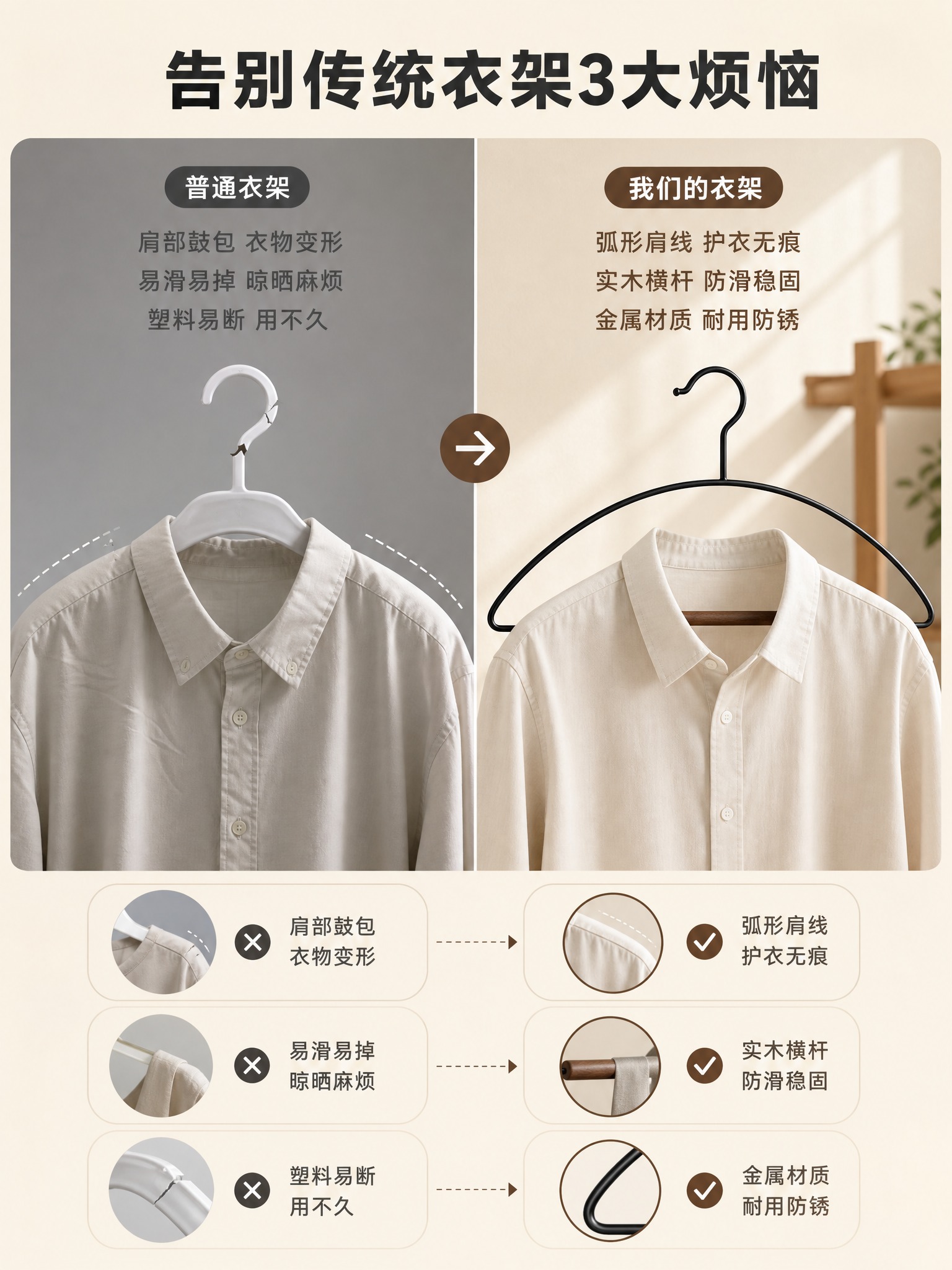 [商品] 使用【图1】黑色哑光金属弧形衣架搭配胡桃木实木横杆；… - 图片创意预览