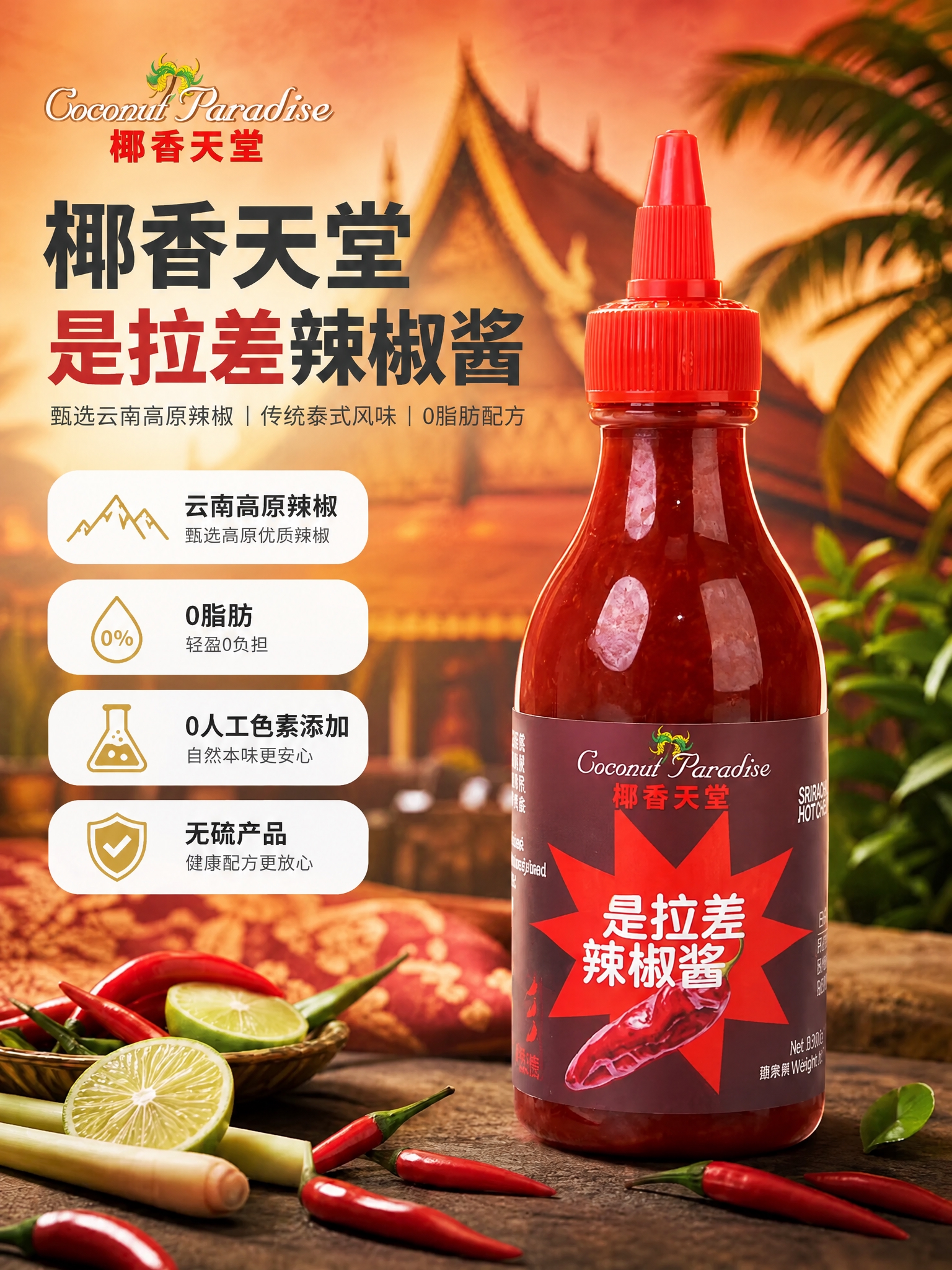 仅对这张电商详情图做局部修改，保持原有背景（泰式寺庙、夕阳、棕… - 图片创意预览