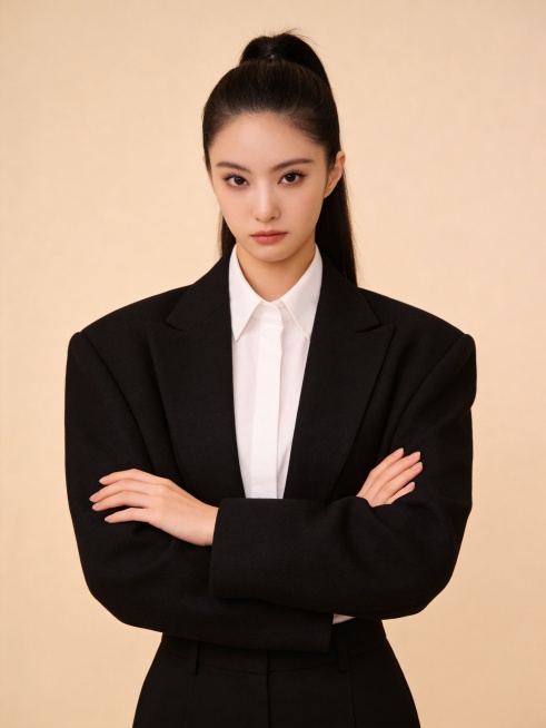 参考图中人物脸型特征生成通用职场女性商务形象照，身穿黑色精纺羊毛混纺廓形西装外套，内搭白色高支精梳棉衬衫，下装同材质黑色西裤，着装正式干练，自信专业。呈自然站姿，双手抱胸，肢体放松自信，去除腰链配饰，预览效果