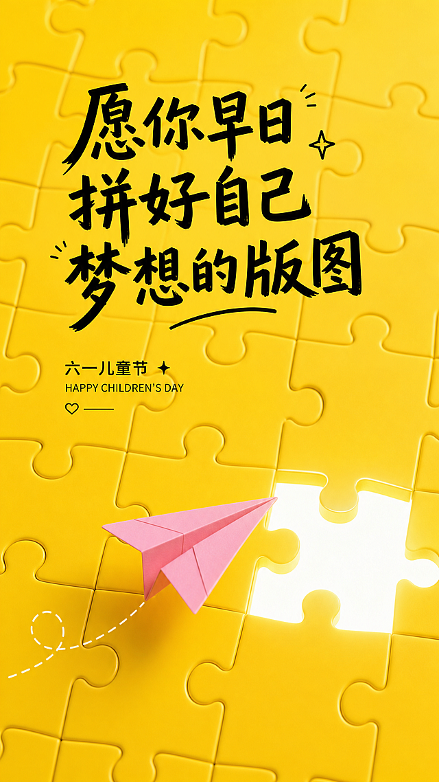 竖版六一儿童节海报，简约创意风。明亮的黄色背景上，布满了立体的拼图纹理，右下角有一块发光的空白拼图，一架粉色的纸飞机正朝着它飞去。上方搭配黑色大字文案 “愿你早日拼好自己梦想的版图”，整体设计简洁又充满寓意，传递着关于成长与梦想的美好祝福。
生成竖版尺寸1080X1920海报图