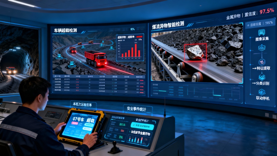 煤矿智慧运输监控中心内景，深蓝色调的环境光营造出专业冷静的氛围。巨大的弧形屏幕墙是整个画面的核心，屏幕上并排显示着两个核心智能监测模块。

左侧屏幕专注于“车辆超载检测”：三维化的矿区运输路线图上，多预览效果