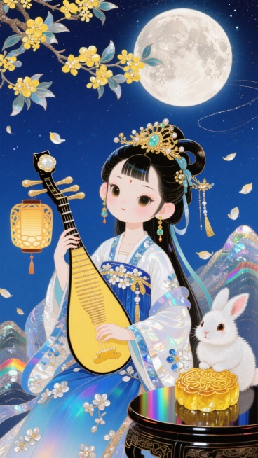 Q版古装少女（蓝白渐变桂花暗纹汉服、鎏金嵌玉发簪、流苏耳饰、暖黄色镂空宫灯）缕青丝发带，古琴古韵悠悠、绒毛蓬松玉兔（抱花纹金黄月饼），中景为有环形山细节的巨大满月，背景是深邃藏蓝色星空。点缀开满嫩黄花预览效果