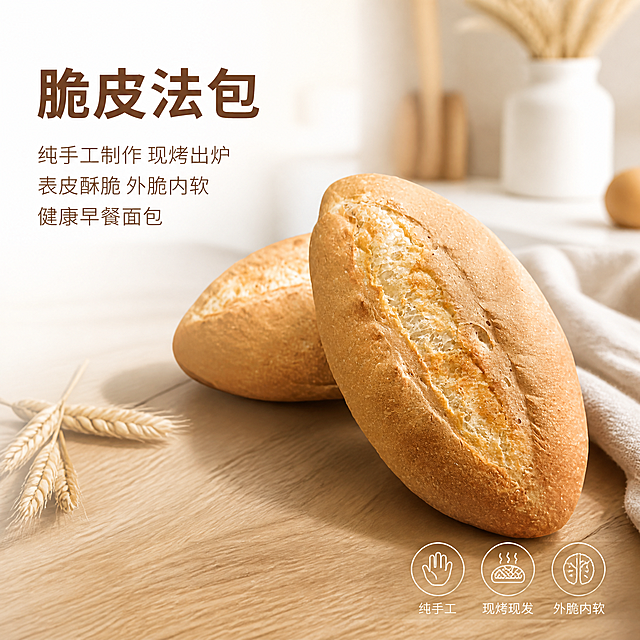 [单张主图] 脆皮法包，高级氛围感主图，制作淘宝天猫适用的高品质面包主图，突出食欲感和品质感。
[画面主体] 两根脆皮法包，保持原产品外观（物理结构、形状、颜色、脆皮纹理）绝对一致，杜绝变形和色差；产品主体占据画面约55%，放置在画面中下偏右位置，完整展示面包外形和酥脆表皮。
[构图版式] 左文右物场景型；左侧大面积留白，放置标题和卖点，右侧放大展示面包，底部用浅胡桃木色台面承托，保留真实厨房氛围。
[场景元素] 背景为浅奶白色原木风厨房台面，搭配少量干麦穗和亚麻餐布做点缀，背景简洁虚化突出主体；整体贴现实不夸张，背景干净美观，画面精致有食欲。
[文案版式] 左上留白处左对齐，大号中文主标题写"脆皮法包"，粗体轻无衬线字体；下方分三行写短卖点：纯手工制作 现烤出炉；表皮酥脆 外脆内软；健康早餐面包；右下角放置三个轻线稿图标，分别对应手工、现烤、酥脆。
[光影质感] 采用自然暖阳侧逆光，突出面包表皮酥脆纹理和麦香质感，光线柔和通透，阴影自然，浅景深虚化背景，商业摄影高清质感，产品清晰真实，画面干净高级。
[配色字体] 主色浅奶白+原木暖棕，辅助色小麦金，低饱和配色，字色深棕与浅底形成清晰对比，字体细轻无衬线，字重克制层级分明。
[比例分辨率] 1:1比例，2048×2048像素，2K分辨率，文字清晰可辨。
[负向提示词] 变形，水印，错字，糊字，伪Logo，主体遮挡，背景杂乱，低清晰度，错误结构，过度夸张，色彩过于艳丽