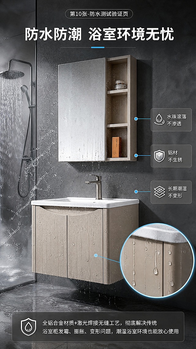 [商品] 使用【图2】全铝焊接浴室柜；保留柜体结构、颜色与陶瓷盆；模拟浴室潮湿淋水环境，展示柜体防水防潮性能。
[画面] 第10张-防水测试验证页，目标直观展示全铝柜在潮湿环境下的耐用性；场景化实验构图，浴室柜处于淋浴间旁，水花飞溅在柜体表面，水珠顺着铝制门板滚落，柜体表面无渗透无变形；柜体占画面约60%居中展示；背景为带有蒸汽雾气的卫浴空间，营造真实潮湿环境；右下角有放大镜效果区域，放大展示水珠滚落细节。
[视觉] 套系策略：风格=现代极简工业风高级商业摄影；标题字=思源黑体粗体；正文字=思源黑体常规；主色=深灰+拉丝银铝本色；背景延展=基于深炭灰做深浅渐变、微水泥质感墙面、浅灰大理石地面；强调色=金属银+水蓝色高光，仅用于小面积图标、引线和高光点缀；标题色=纯白；正文色=浅银灰；组件=细线引线、圆角半透明信息卡、金属质感图标；光影=冷调环境光+水珠高光，突出水滴滴落的动态与柜体表面拒水效果。
[文字] 顶部大标题"防水防潮 浴室环境无忧"；用引线标注3个验证点"水珠滚落不渗透""铝材不生锈""长期潮湿不变形"；底部说明"全铝合金材质+激光焊接无缝工艺，彻底解决传统浴室柜发霉、膨胀、变形问题，潮湿浴室环境也能放心使用"；所有文字横向排版。
[规格] 图片比例9:16竖版，4K，medium质量；避免变形、错字、文字过小、柜体结构改变、颜色偏差、出现人物面部、出现平台Logo或水印。